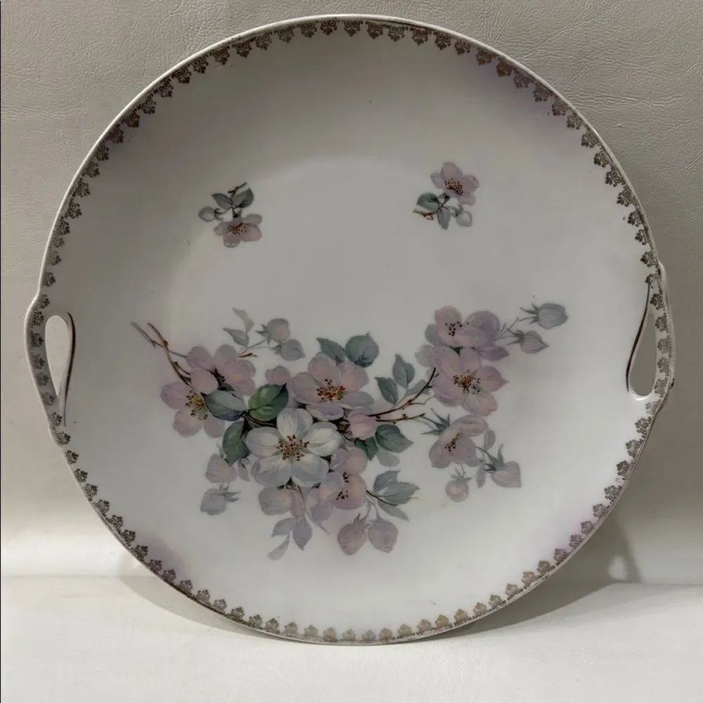 Schumann Germany White Pink Floral Porcelain Serveware Plate 9 1/2 In Gold Trim